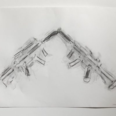 An abstracted illustration of two toy assault rifles with barrels touching on paper with graphite